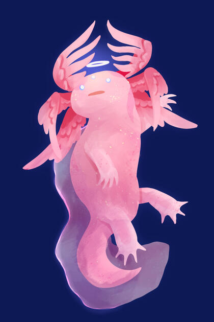 A digital painting of an angelic axolotl