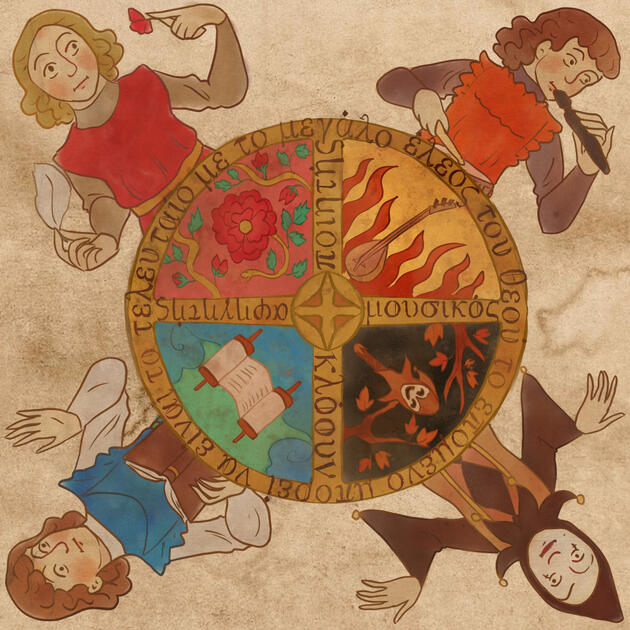 A digital drawing of a theatrical logo inspired by medieval art A digital drawing of a theatrical logo inspired by medieval art